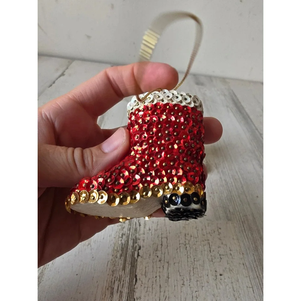 Vintage pushpin Santa boot shoe sequin ornament pearls Xmas tree